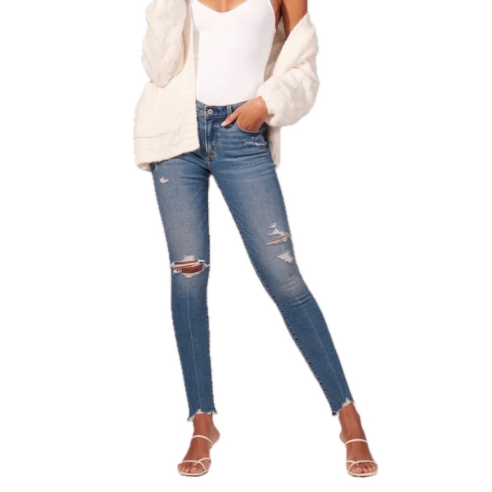 Abercrombie & Fitch Medium Wash Distressed Mid-rise Super Skinny Jeans